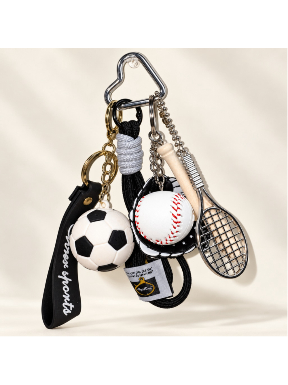 Sports Bag Charm Keychain Soccer Baseball Tennis Bat Heart Clip Black White
